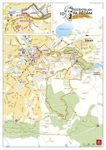 “Liela mēroga karte ar divām Rozentāla skrējiena distancēm — 11 km un 18 km — kas virzās cauri Saldus pilsētai un meža takām uz dienvidiem. Maršrutos atzīmētas kilometru atzīmes, Kalnsētas parks, Cieceres dzirnavu apkārtne, starta un finiša vieta pie centra, kā arī citi ievērojami orientieri visā teritorijā